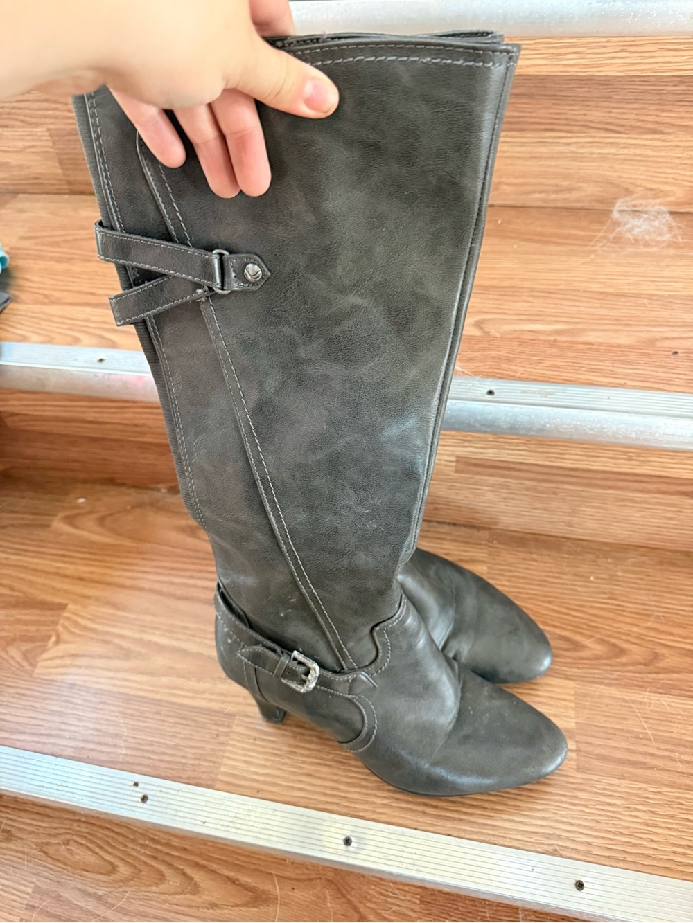 Women's Tall wide calf Buckle heeled Boots in Charcoal Gray